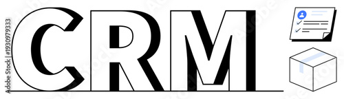 CRM text in bold with a user profile checklist and a delivery box. Ideal for customer management, business process, organization, logistics, team collaboration, service, and sales in a simple flat
