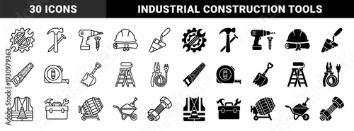 Construction and Industrial Hardware Hybrid Symbols Featuring Dual Outline and Solid Styles for Building Engineering and Manual Labor Projects