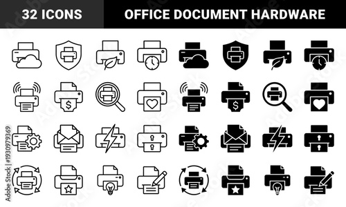 Hybrid printer symbol collection featuring conceptual document management metaphors like cloud connectivity secure shield eco leaf and data encryption