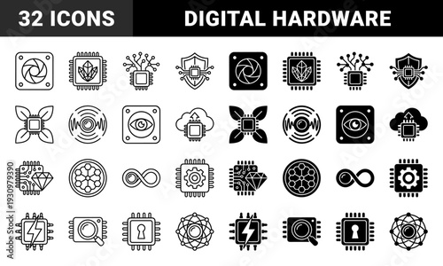 Hybrid hardware and microprocessor symbols featuring integrated elements of nature security and data processing in line and solid styles