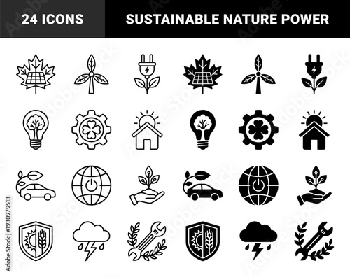 Sustainable energy and eco friendly technology icons featuring hybrid designs merging nature elements with renewable power and industrial symbols in outline and solid styles