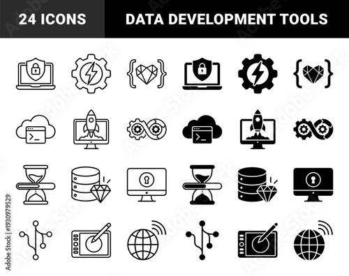 Software development and data engineering hybrid icons featuring coding symbols merged with hardware and performance metaphors in outline and solid styles