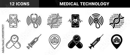 Medical and Healthcare Hybrid Symbols Combining Digital Technology with Genetic Research and Patient Care Elements in Outline and Solid Styles