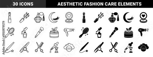 Abstract beauty and cosmetics hybrid icon set featuring rose lipstick mascara bolts perfume bulb moon lashes heart compact mirror and floral skincare cream