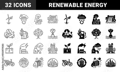 Sustainable energy hybrid icons merging renewable technology with nature featuring wind turbine roots solar cloud rain and electric vehicle leaves