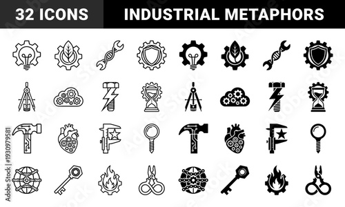 Hybrid engineering and industrial metaphor symbols featuring gear lightbulb dna wrench shield compass cloud bolt hourglass hammer heart caliper magnifying screw key fire and plier
