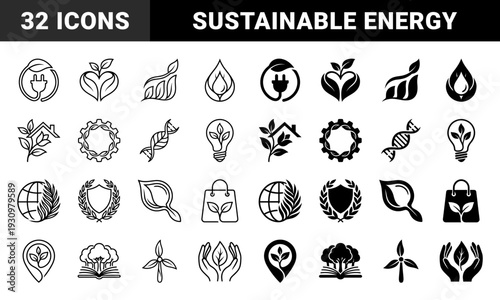 Sustainable energy and eco friendly hybrid symbols combining organic leaf motifs with industrial power plugs windmills lightbulbs and global conservation elements