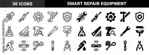 Hybrid maintenance and repair tool collection combining manual hardware with digital circuitry and smart technology symbols for innovative construction