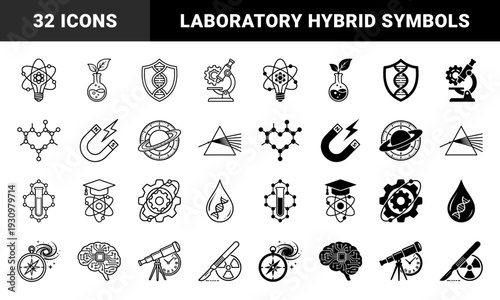 Scientific hybrid icons merging laboratory equipment with biological and physical symbols including atom lightbulbs dna shields and gear microscopes