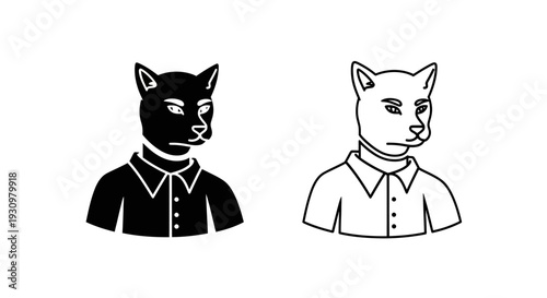 Two cats wearing formal attire, black and white illustration, vector artwork Vector