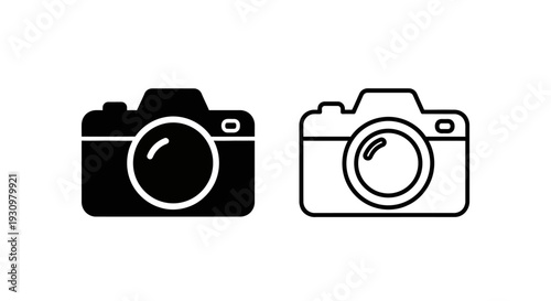 Two black and white camera icons side by side on a white background. Vector
