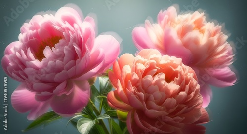 Elegant pink and orange peony flowers in full bloom, showcasing their delicate petals