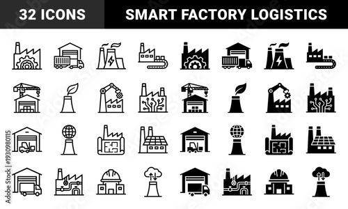 Industrial factory and manufacturing plant symbols featuring hybrid concepts with logistics machinery energy production and smart technology integration in dual linear and solid styles