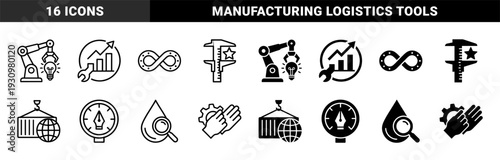 Industrial manufacturing and logistics hybrid symbols featuring robotic arm with lightbulb idea and global shipping container crane concepts