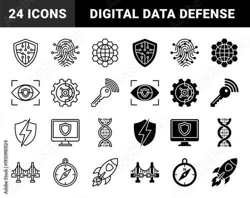 Biometric security and cyber defense hybrid symbol collection featuring fingerprint circuitry shield integrity data encryption and network protection metaphors