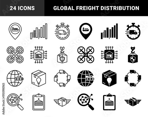 Modern Supply Chain Logistics Icons Featuring Hybrid Designs of Global Shipping Containers Drones and Automated Warehouse Smart Management Symbols