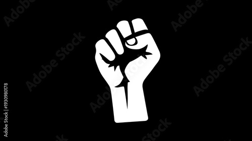 A stark, contrasting illustration of a clenched fist with a jagged, star-like outline