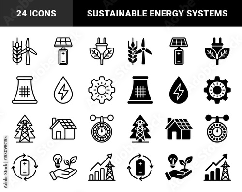 Sustainable energy and eco friendly power generation icons featuring hybrid symbols of renewable resources with industrial electrical infrastructure and conservation