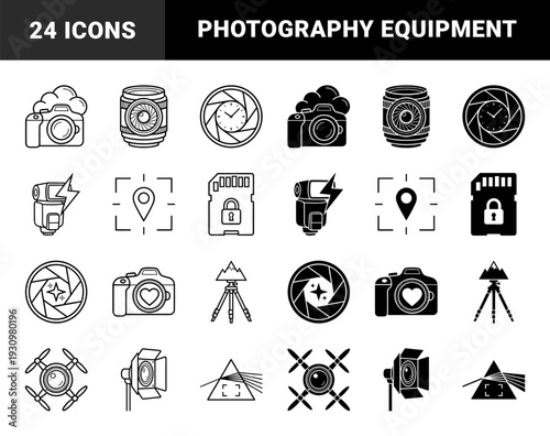 Photography and videography equipment symbol collection featuring hybrid metaphors like camera with heart and lens with clock in outline and solid styles