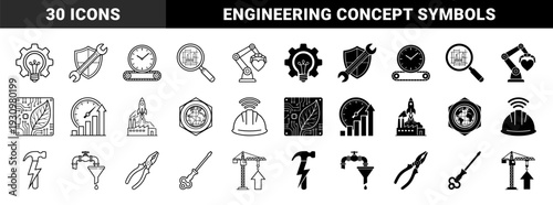 Industrial hybrid icons merging tools with conceptual symbols featuring gear lightbulb shield wrench clock conveyor belt and robotic arm heart in line and solid style