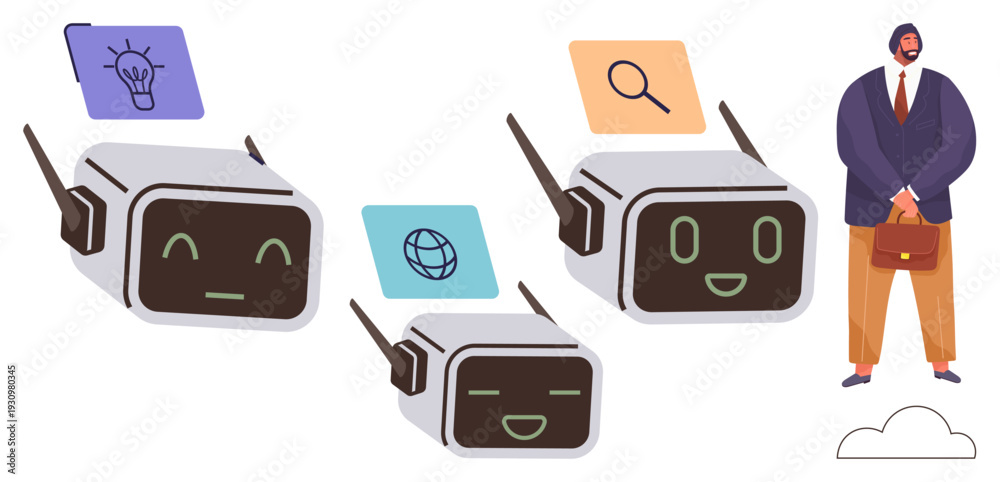 Fototapeta premium Artificial intelligence, innovation, teamwork, communication, business strategy, technology. Three AI robots exchanging ideas with a businessman. Artificial intelligence and innovation collaboration