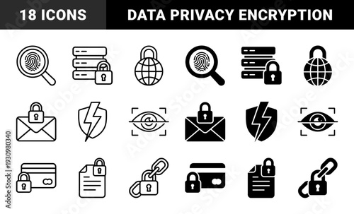 Cybersecurity and Data Protection Hybrid Icon Set Featuring Biometric Scanning Server Encryption Secure Messaging and Locked Cloud Database Elements