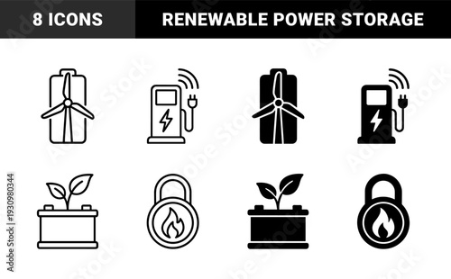 Sustainable energy hybrid symbols featuring wind turbine batteries electric vehicle charging stations and organic bio power storage concepts in linear and solid styles
