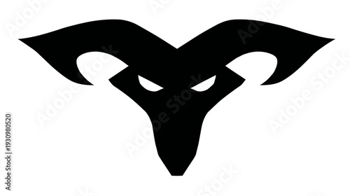 A stark, minimalist emblem with a black, stylized silhouette of a creature with horns and piercing eyes