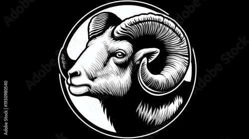 Stylized grayscale illustration of a ram's head inside a white circle. Detail in the fur and horns