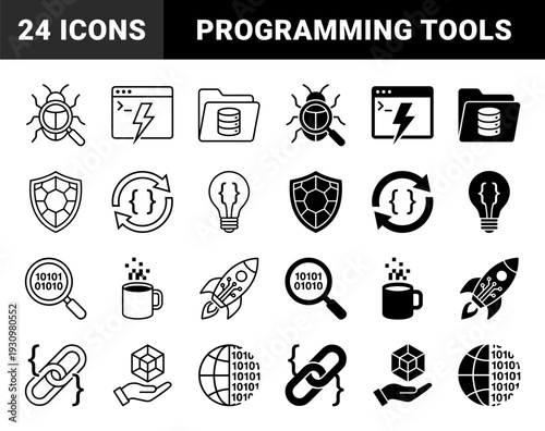 Software development and programming hybrid icon set featuring bug debugging magnifying glass data folder shield security and rocket launch symbols in outline and glyph styles