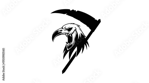 A monochrome illustration of a bird-like skull wielding a scythe, a menacing and dark symbol