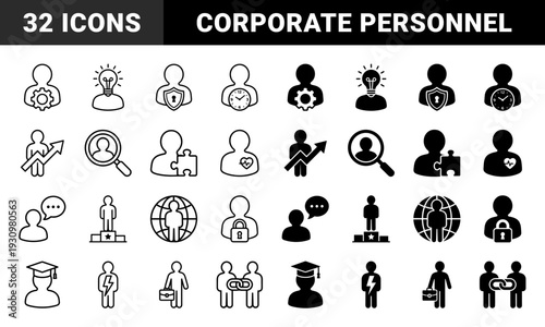 Professional Human Resource and Business Management Hybrid Icons Featuring People Merged with Gear Clock Shield Idea Bulb and Growth Arrow Symbols