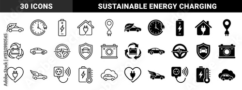 Hybrid electric vehicle and sustainable energy symbols combining automotive silhouettes with eco friendly leaves charging plugs and battery life indicators