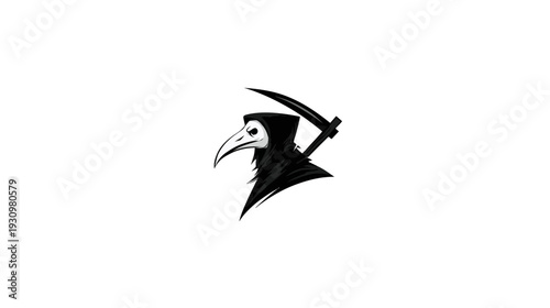 A black and white illustration of a plague doctor with a scythe, on a plain white background