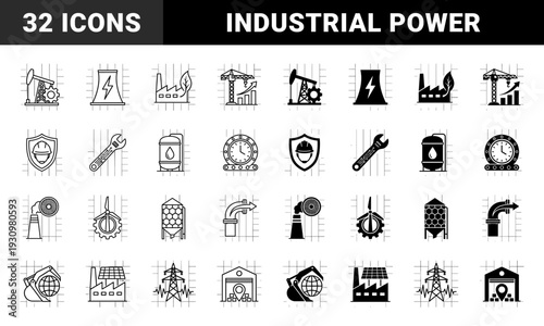 Industrial hybrid power and energy infrastructure icons combining heavy machinery symbols with renewable energy and sustainability metaphors in outline and solid styles