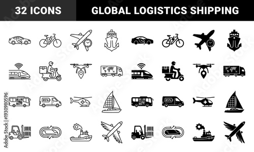 Hybrid transportation and logistics symbol collection featuring integrated ecological leaf electric battery time management and global tracking data graphics