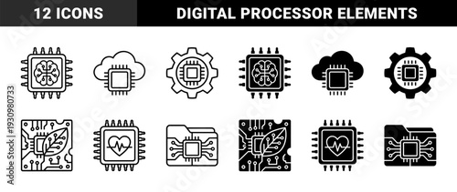 Hybrid microchip and processor symbols merging hardware with organic brain heart leaf cloud gear folder and padlock elements for integrated technology design