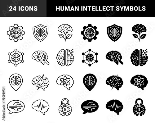 Mind and Intellect Hybrid Concept Symbols Featuring Brain Combined with Gear Shield Leaf Magnifying Glass Binary Code Lightning Bolt and Atom