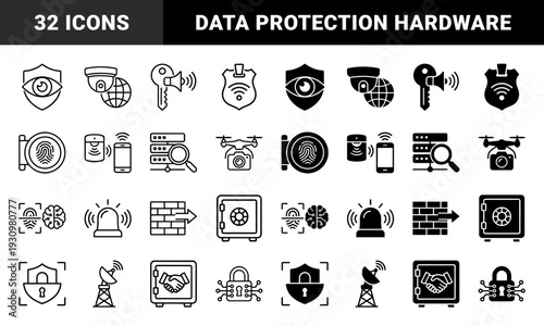 Hybrid security and surveillance system icons featuring integrated biometric data monitoring digital encryption hardware and physical property protection symbols