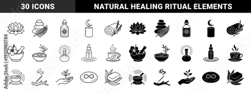 Wellness and holistic therapy icons featuring dual line and solid styles with hybrid elements like lotus candles herbal tea and zen stones