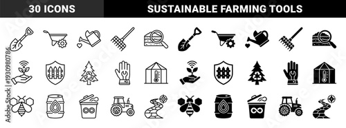 Sustainable gardening and smart agriculture hybrid symbol set featuring circular economy tree compost bin and automated tractor for organic farming