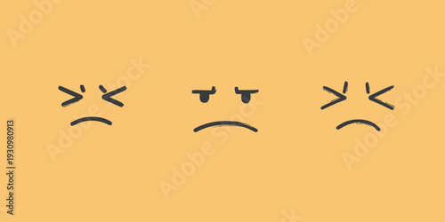 Three hand drawn sketch style angry and annoyed emoji faces with frowning mouths isolated on beige background in minimalist vector style for customer emotion icons and feedback symbols