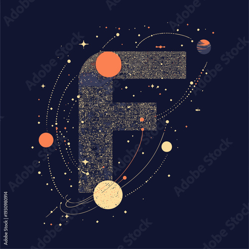 Letter F with abstract cosmic design featuring planets, stars, orbit lines, and space elements on dark background vector illustration for technology and science themes