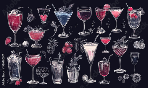 Hand drawn sketch collection of various alcoholic cocktails with fruits and herbs garnishes in glasses on dark background vector illustration