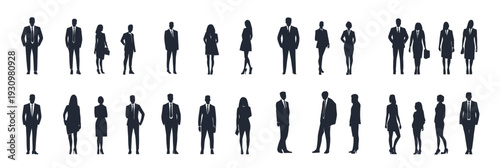 Black silhouettes group of business men and women standing in various professional poses isolated on white background flat minimal vector illustration