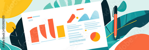 Flat minimalist business report with colorful graphs chart and data analysis on paper with pen and leaves background illustration for finance and investment concept