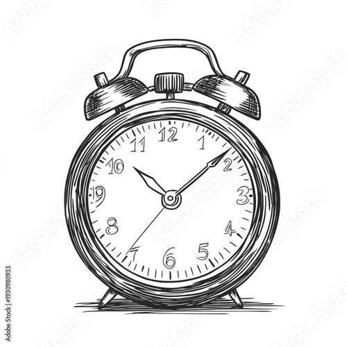 Hand drawn vintage alarm clock sketch with classic twin bell design and detailed hour, minute, second hands in black ink line art style illustration