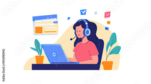 Female customer service agent with headset working on laptop with online helpdesk icons and plant decor in flat vector style
