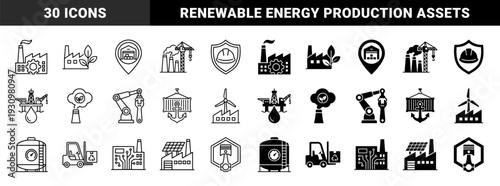 Heavy industry and sustainable energy icons featuring hybrid designs merging manufacturing machinery with eco friendly symbols and logistic equipment