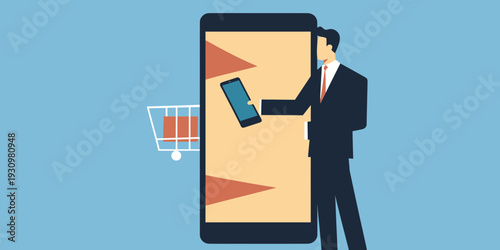 Businessman using smartphone with shopping cart symbol on large digital screen online ecommerce concept flat vector illustration